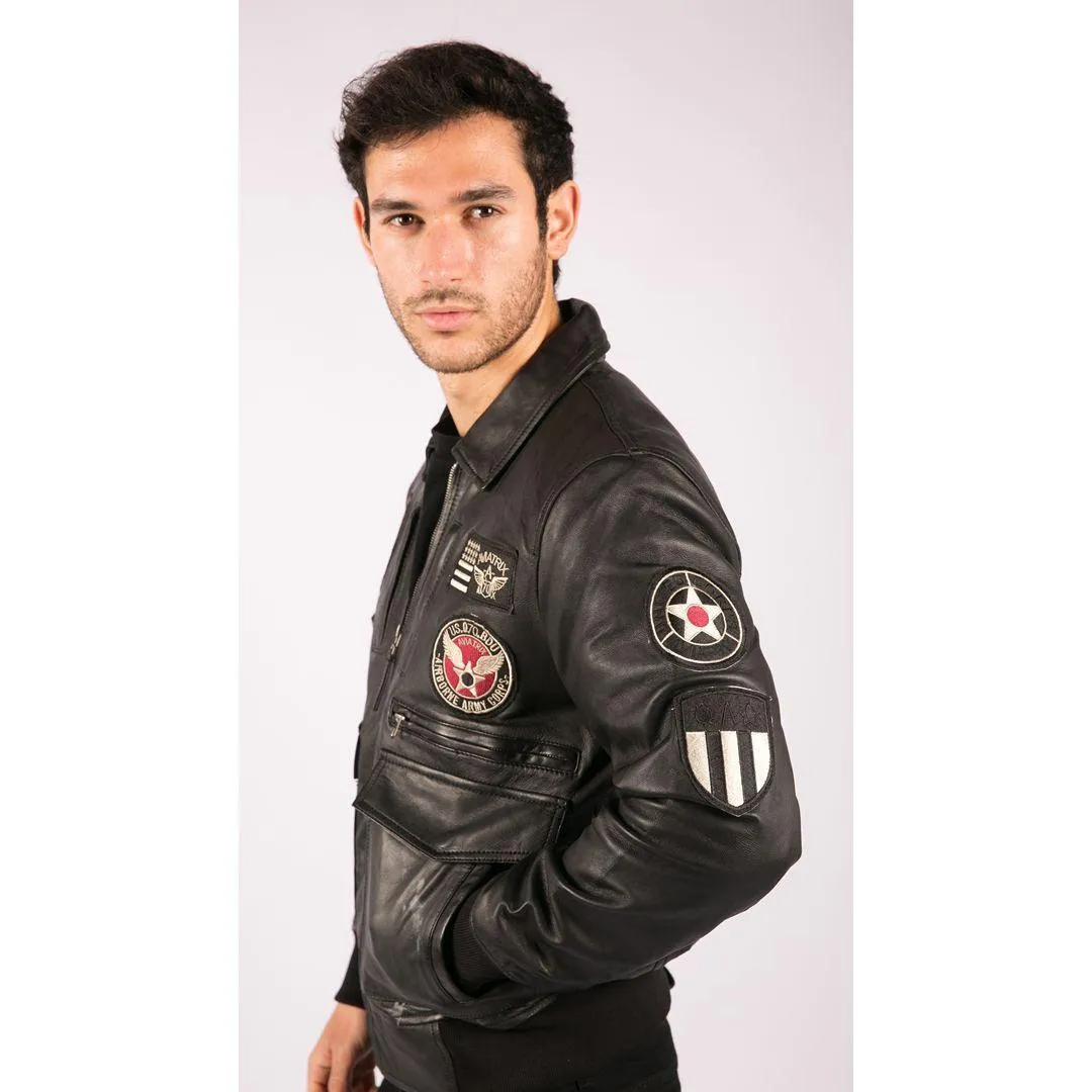 Mens Real Leather Black Bomber Badge Air Force Pilot Flying Jacket