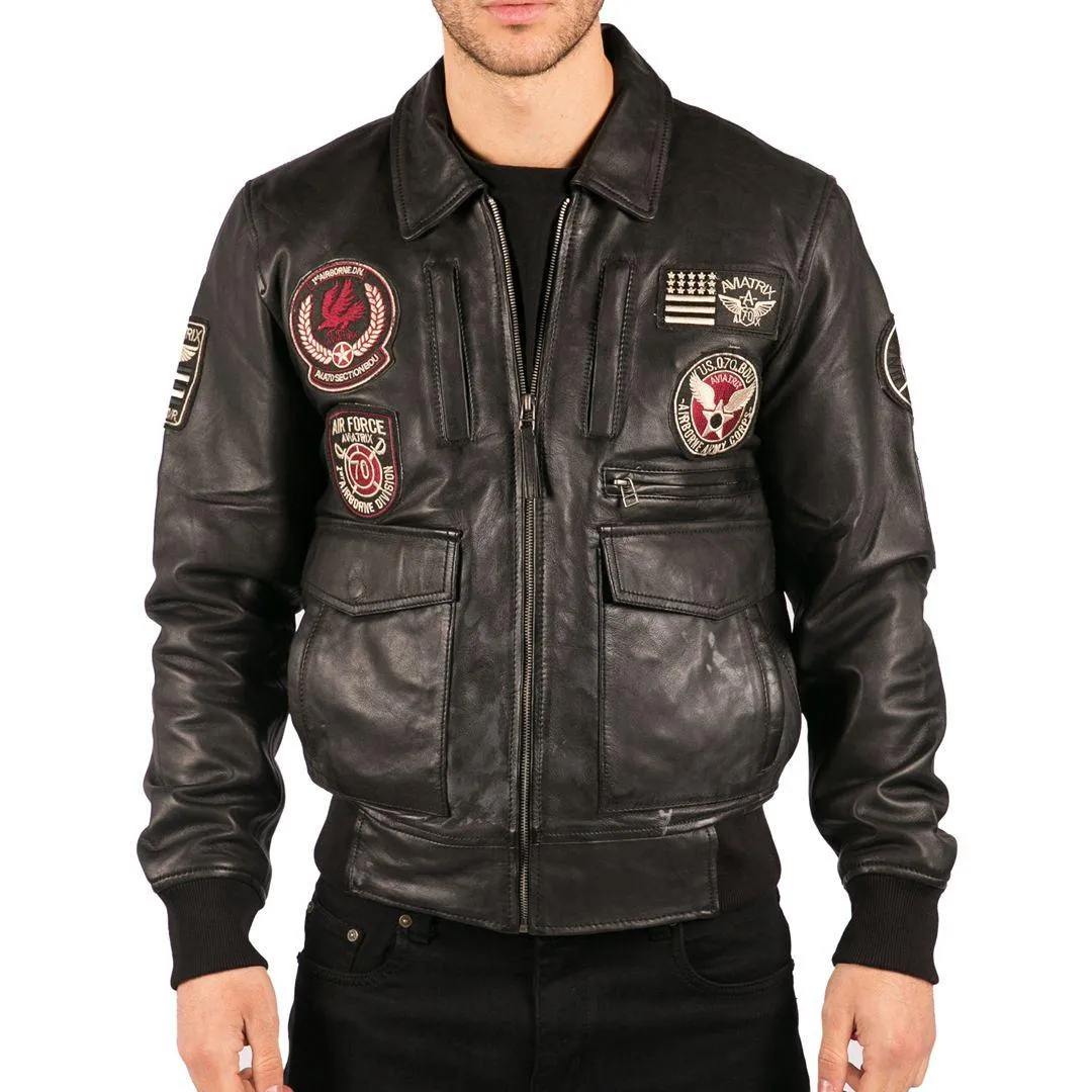 Mens Real Leather Black Bomber Badge Air Force Pilot Flying Jacket