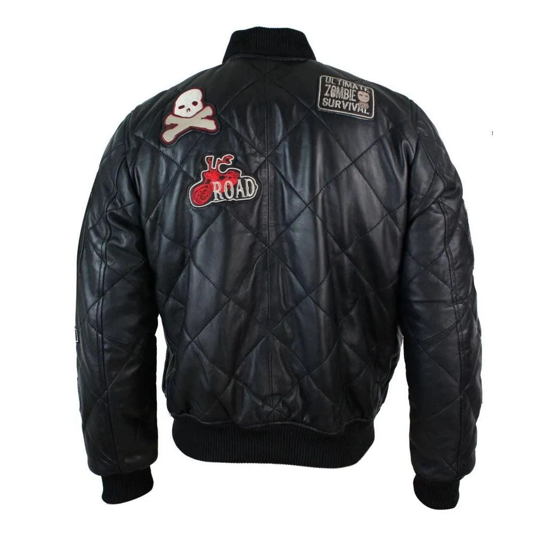 Mens Real Lether Quilted Puffer Varsity Baseball Bomber Letterman Jacket Badge