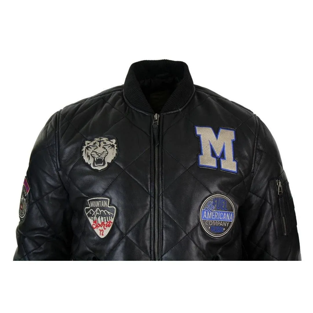 Mens Real Lether Quilted Puffer Varsity Baseball Bomber Letterman Jacket Badge