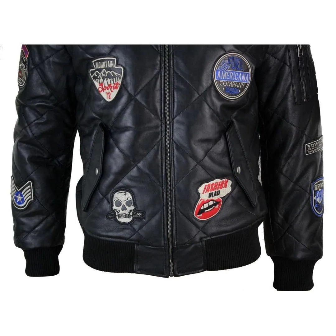 Mens Real Lether Quilted Puffer Varsity Baseball Bomber Letterman Jacket Badge