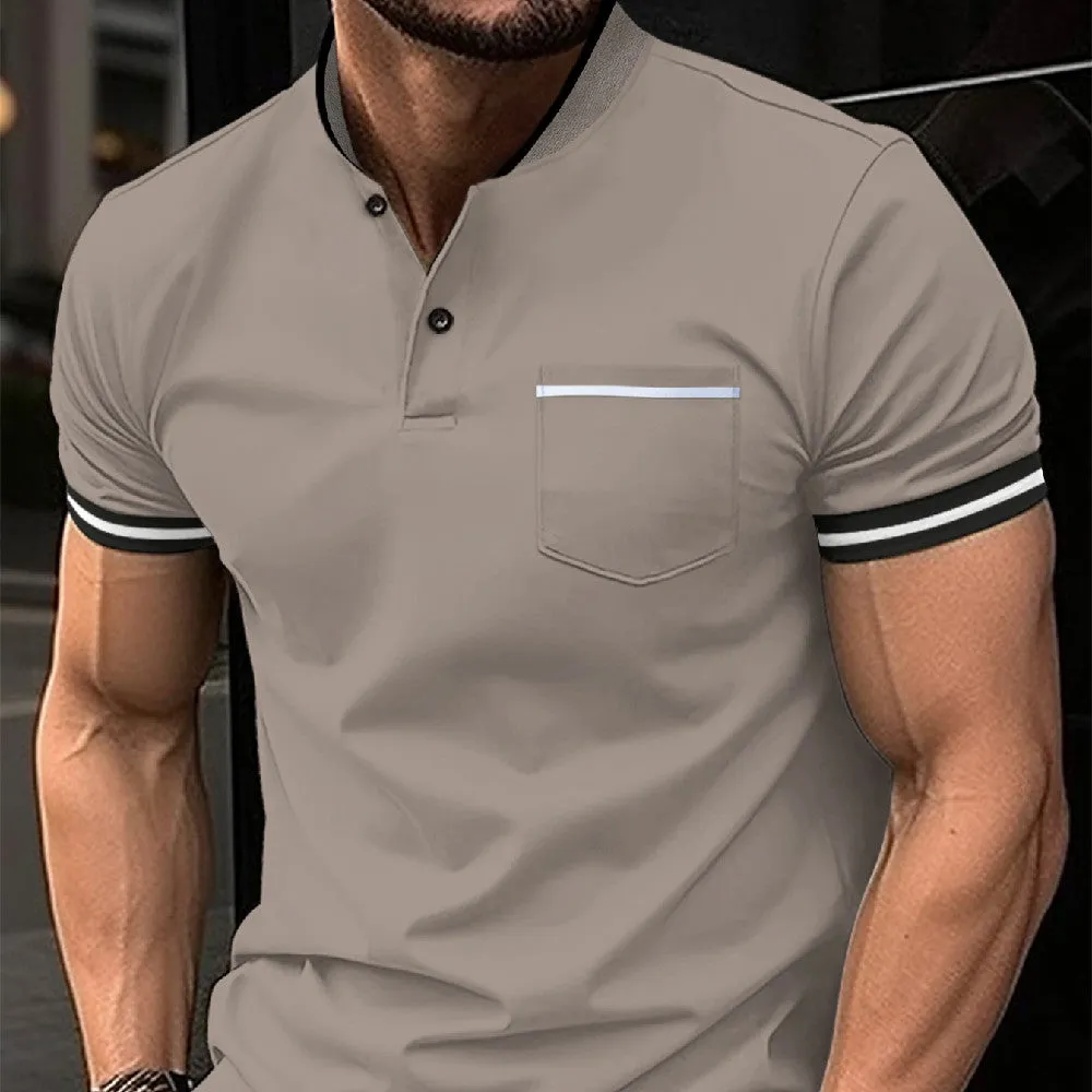 Men's Solid Standing Collar Pocket Short Sleeved