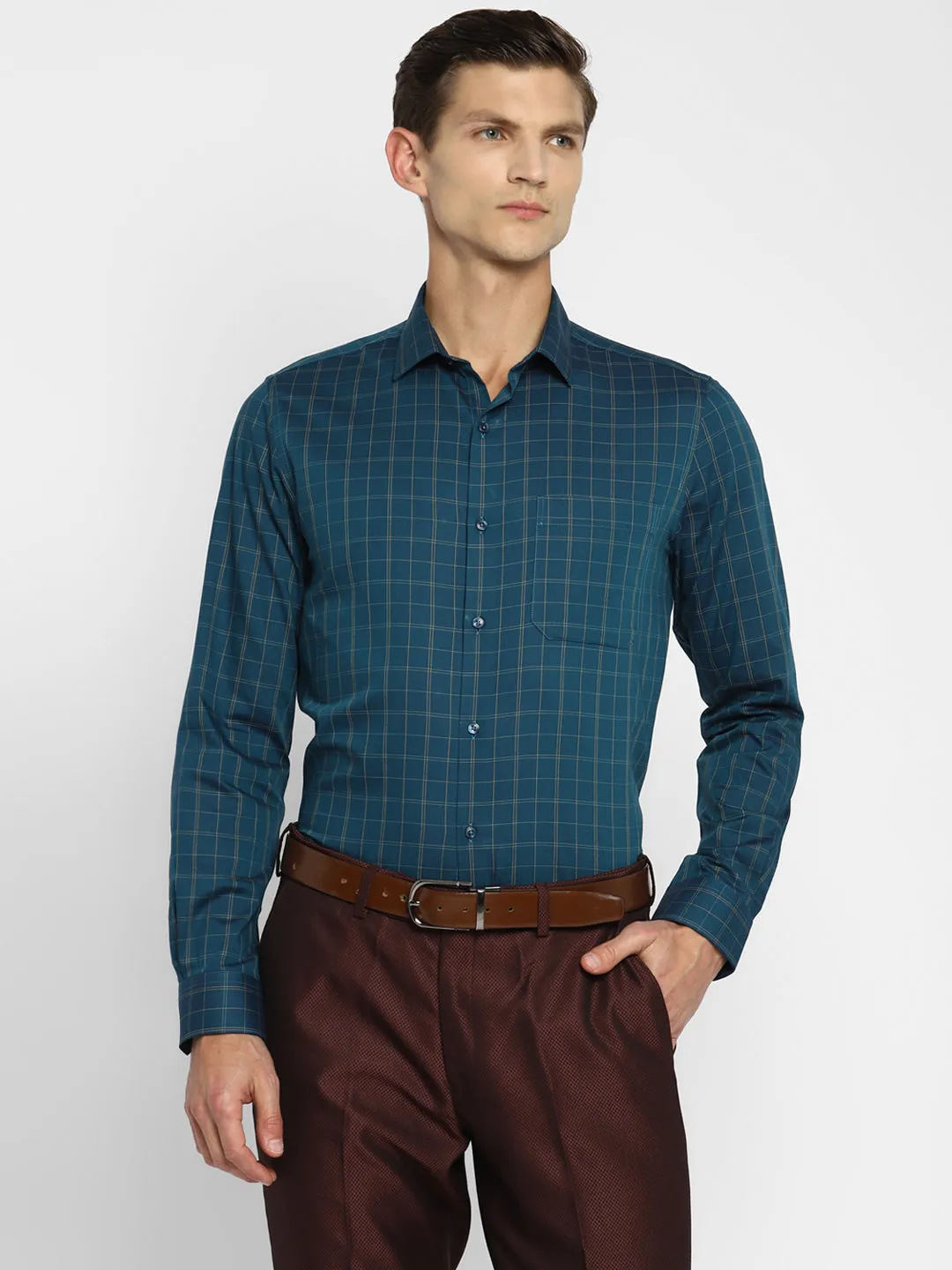 Navy Blue Cotton Checked Slim Fit Shirt