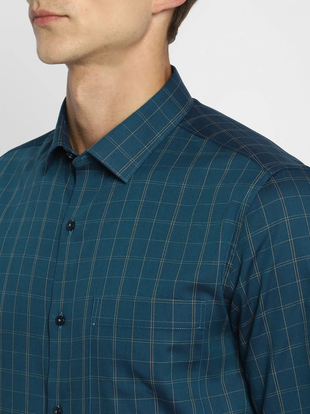 Navy Blue Cotton Checked Slim Fit Shirt