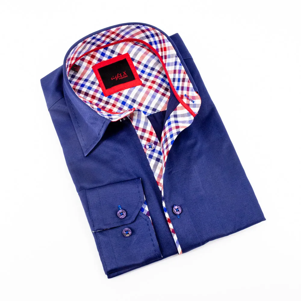 Navy Button Down Shirt W/Plaid Trim