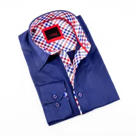 Navy Button Down Shirt W/Plaid Trim