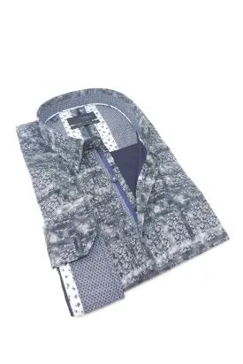 Navy Static Print Button Down Shirt W/ Trim