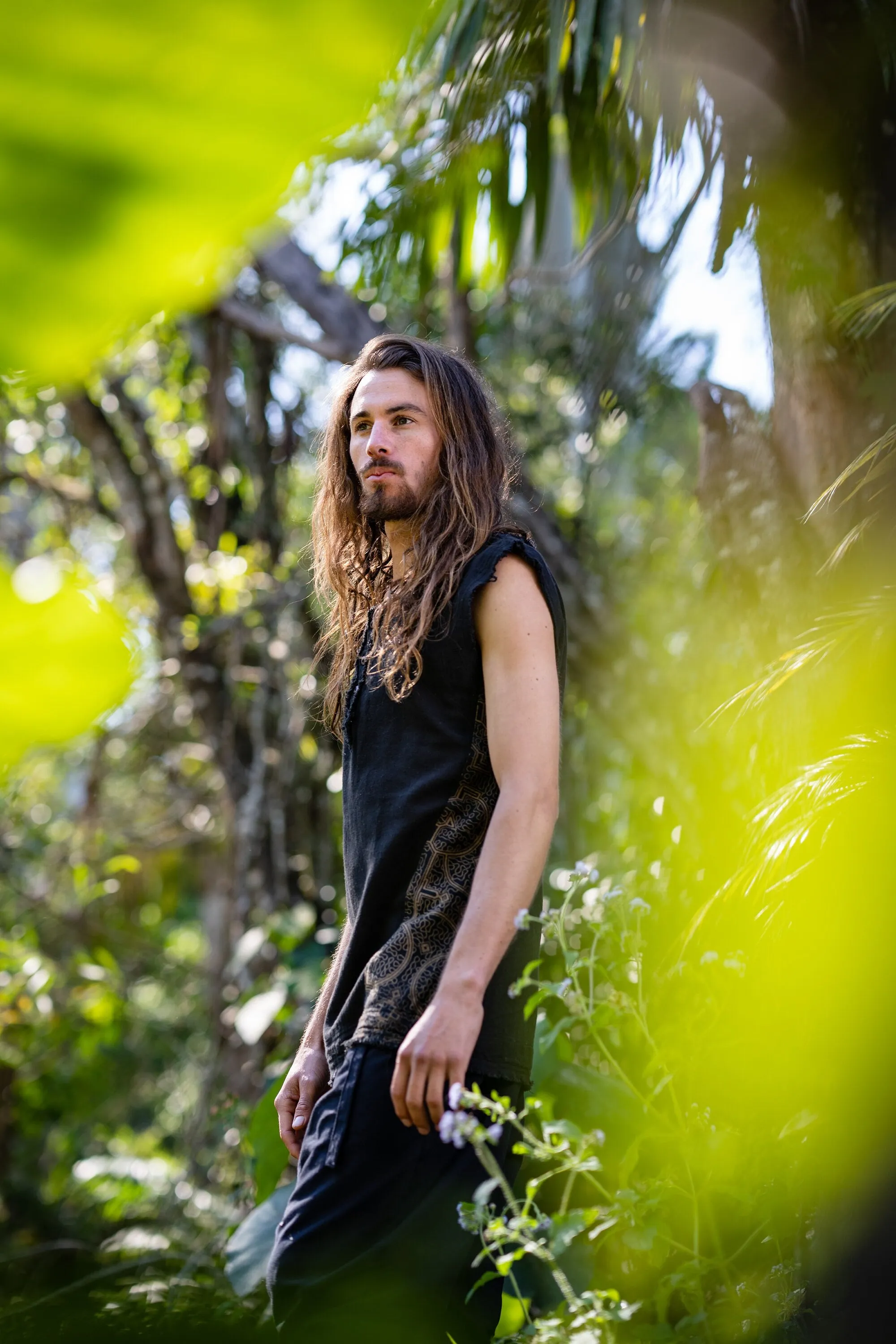 Neo SHIPIBO Black Mens Gypsy Sleeveless Earthy Top T Shirt, Open Neck Tank Tribal Jungle Primitive Festival Rave AJJAYA Nomadic Primitive