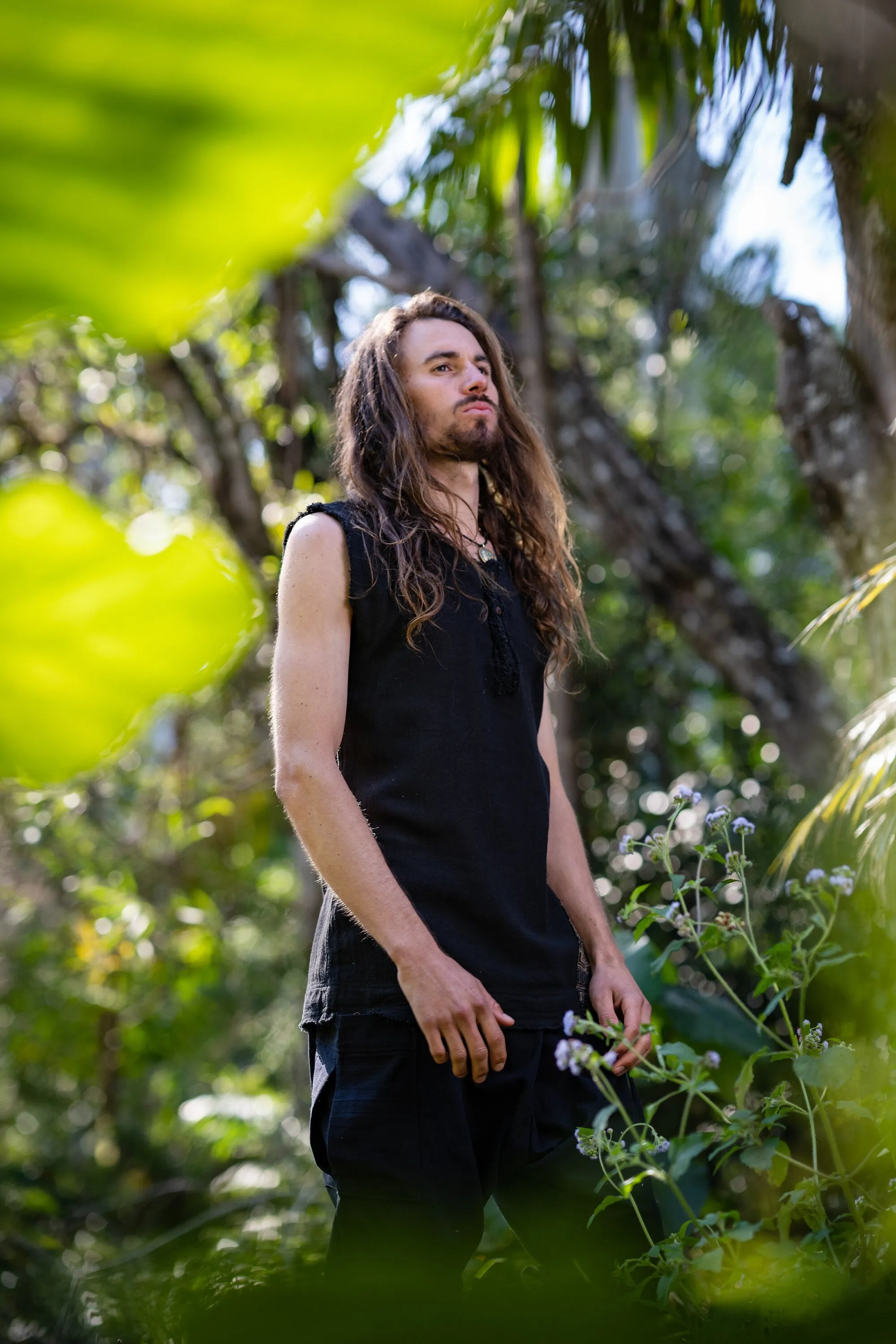 Neo SHIPIBO Black Mens Gypsy Sleeveless Earthy Top T Shirt, Open Neck Tank Tribal Jungle Primitive Festival Rave AJJAYA Nomadic Primitive