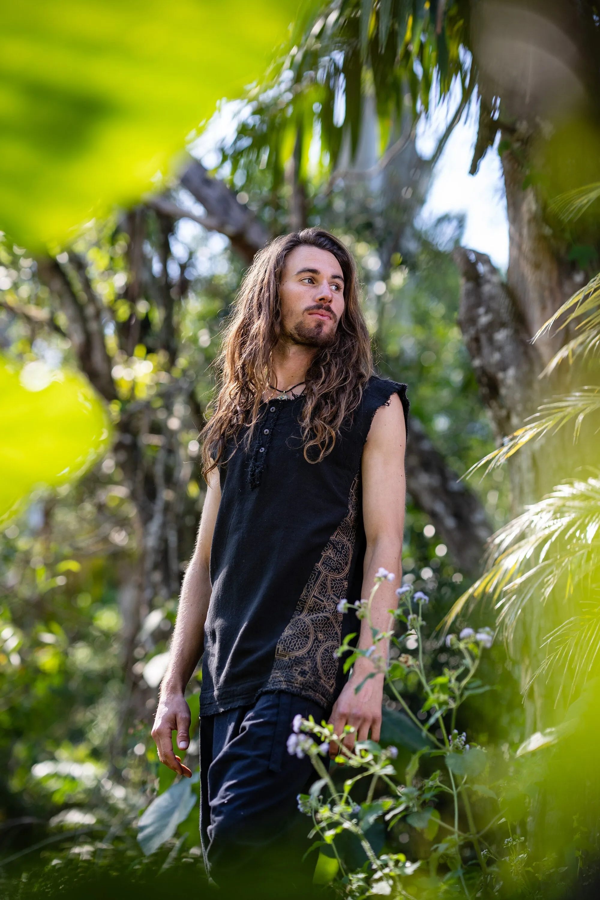 Neo SHIPIBO Black Mens Gypsy Sleeveless Earthy Top T Shirt, Open Neck Tank Tribal Jungle Primitive Festival Rave AJJAYA Nomadic Primitive