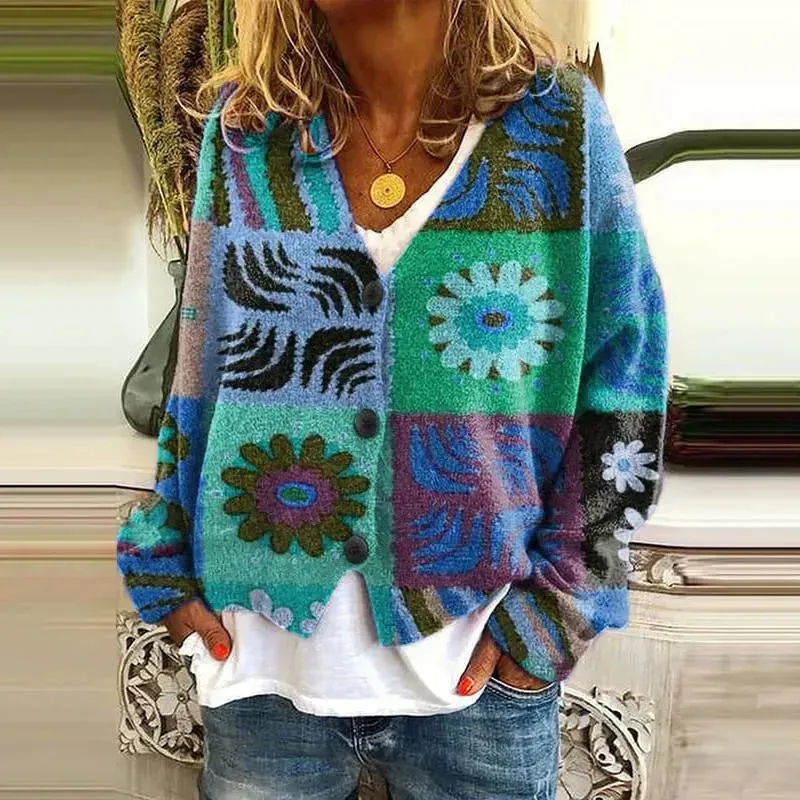 New Christmas Abstract Flowers Printing Sweater Fashion Casual Short Cardigan Coat Womens Clothing