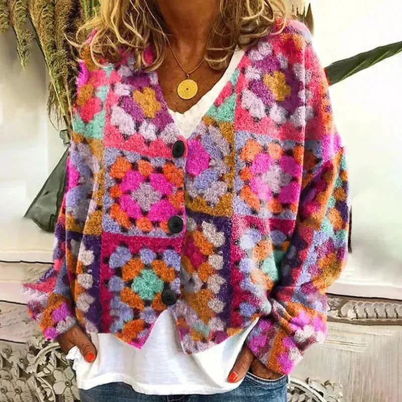 New Christmas Abstract Flowers Printing Sweater Fashion Casual Short Cardigan Coat Womens Clothing