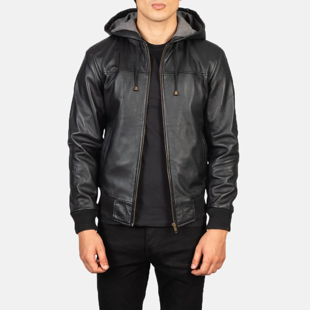 Nintenzo Black Hooded Leather Bomber Jacket