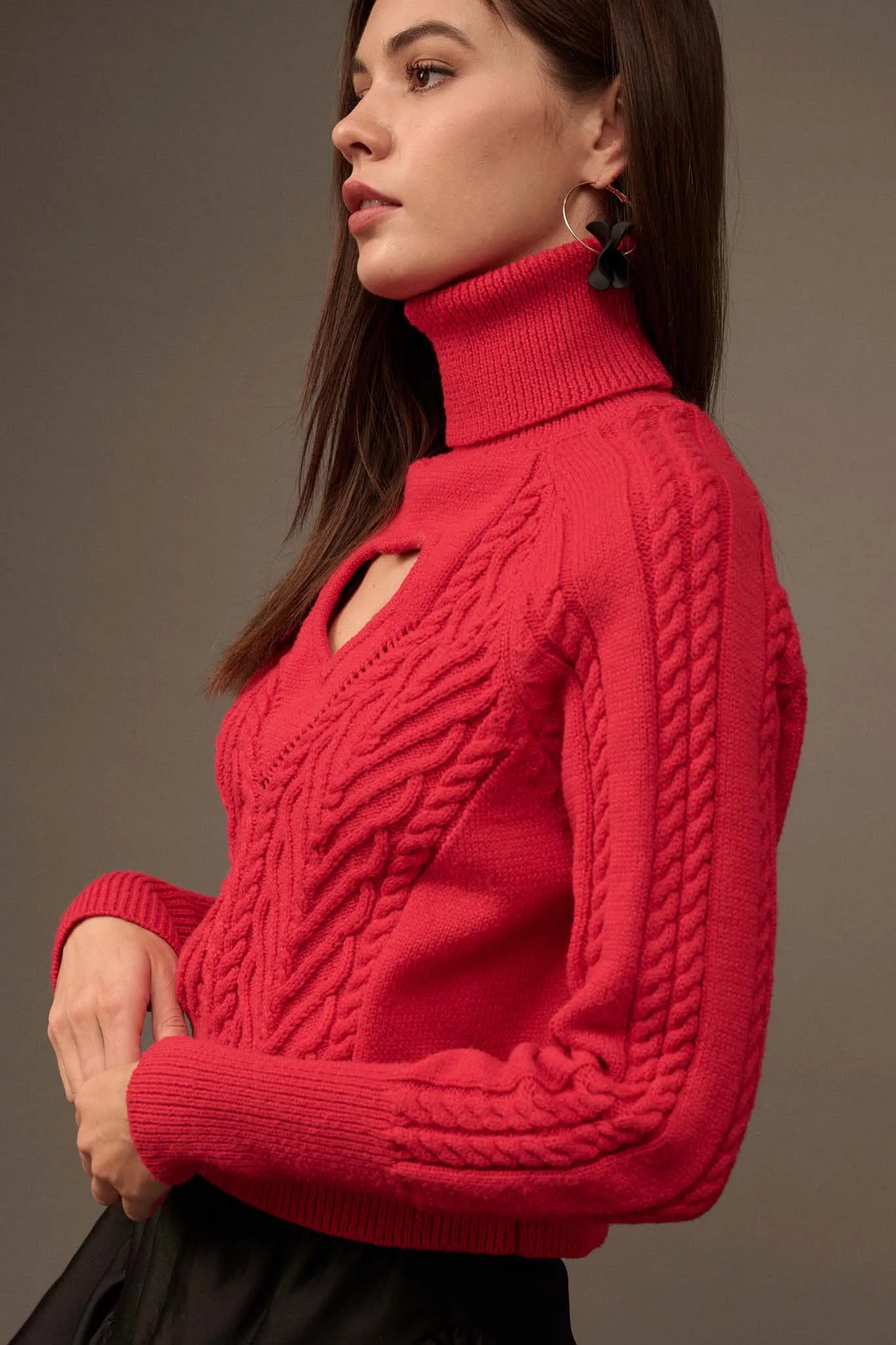 Open Heart Keyhole Cable Knit Turtleneck Sweater