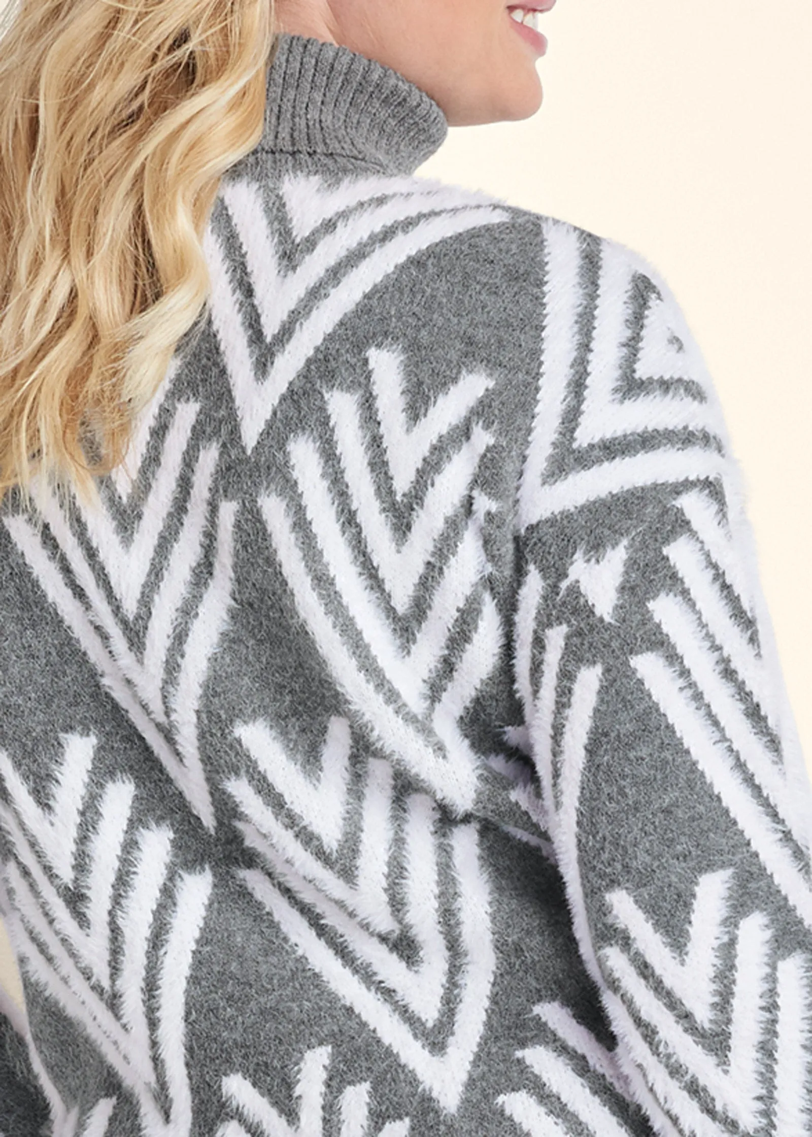 Printed Eyelash Turtleneck Sweater - Grey Multi