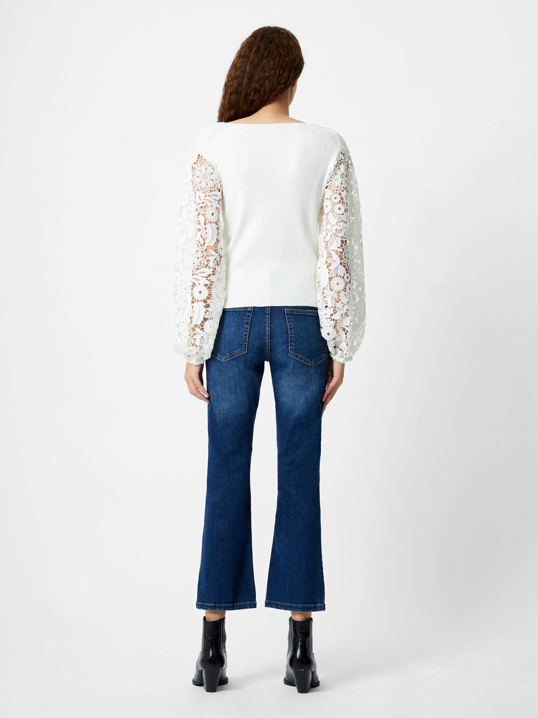 Ribbed V-Neck Lace Sleeve Jumper