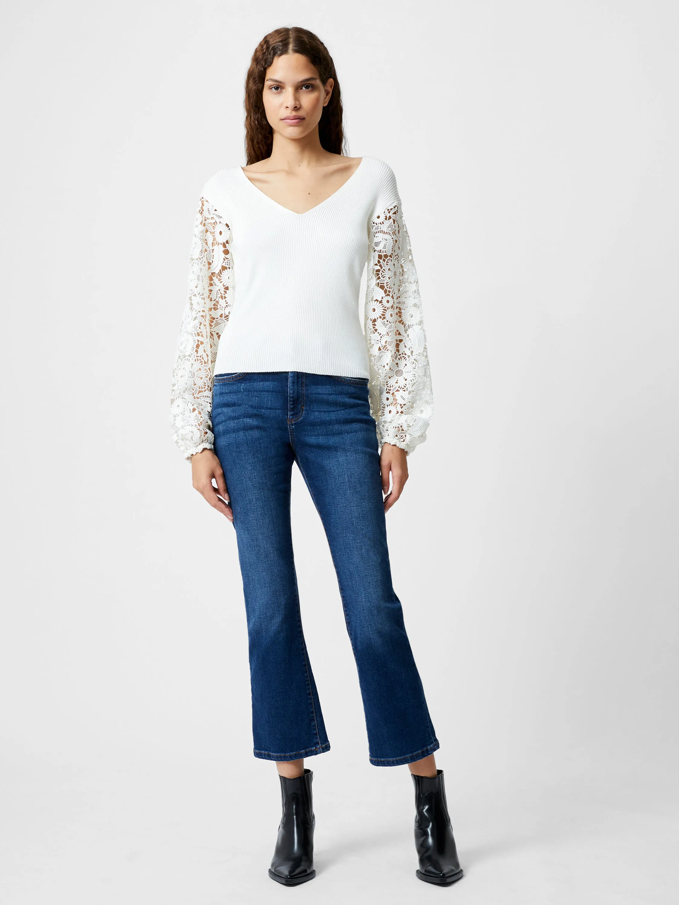 Ribbed V-Neck Lace Sleeve Jumper