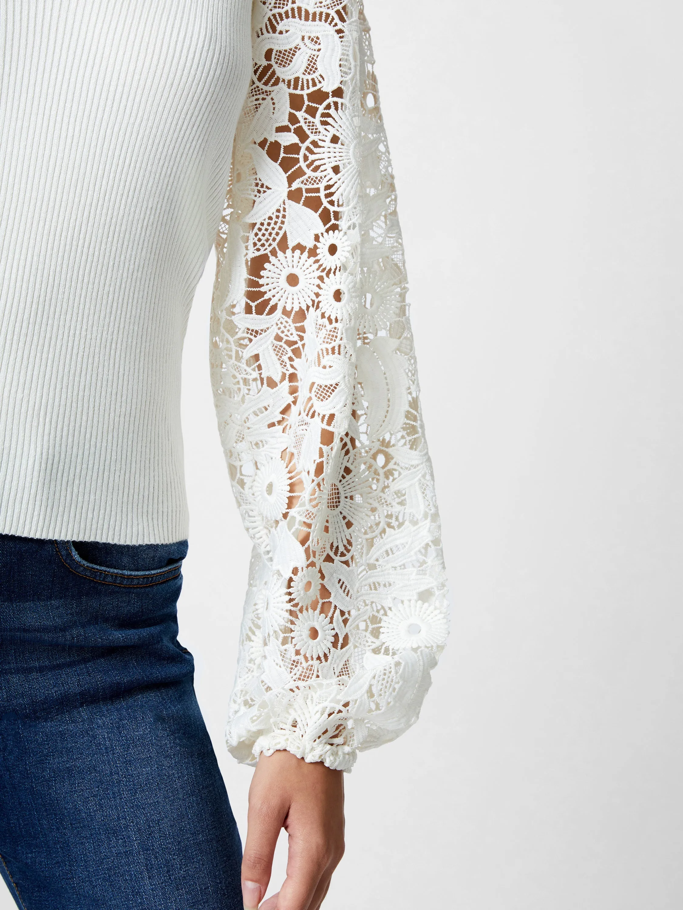 Ribbed V-Neck Lace Sleeve Jumper