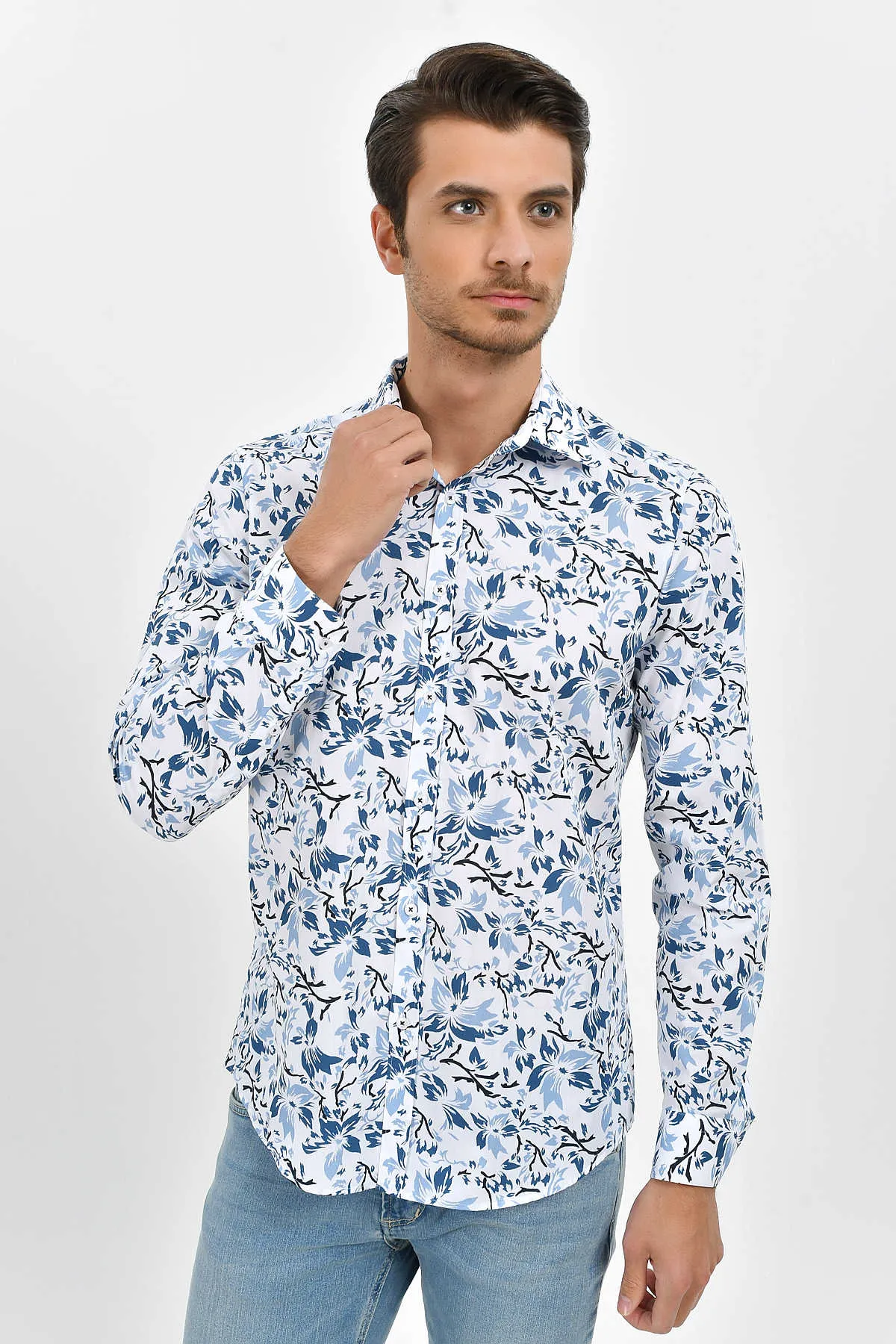 Slim Fit Blue Floral Printed Cotton Casual Shirt