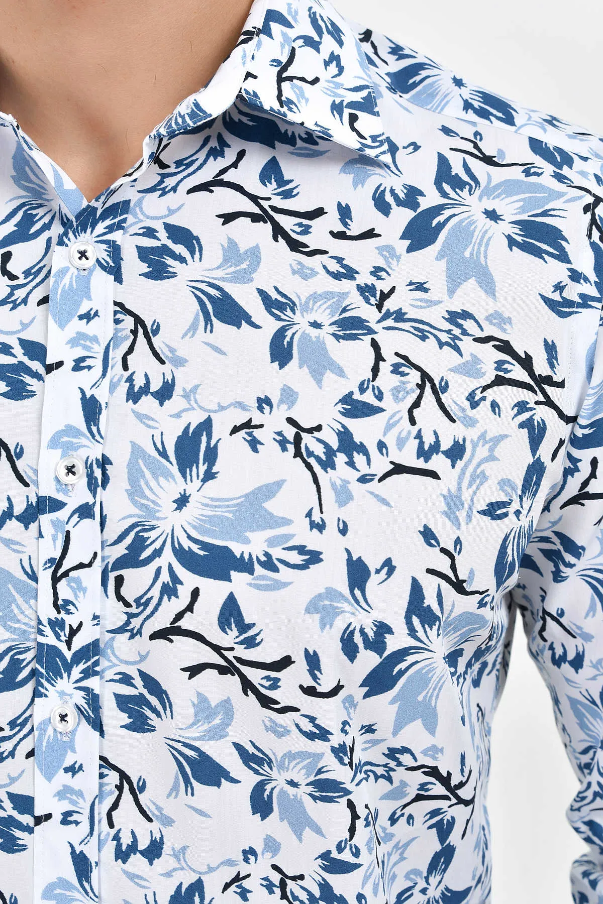 Slim Fit Blue Floral Printed Cotton Casual Shirt