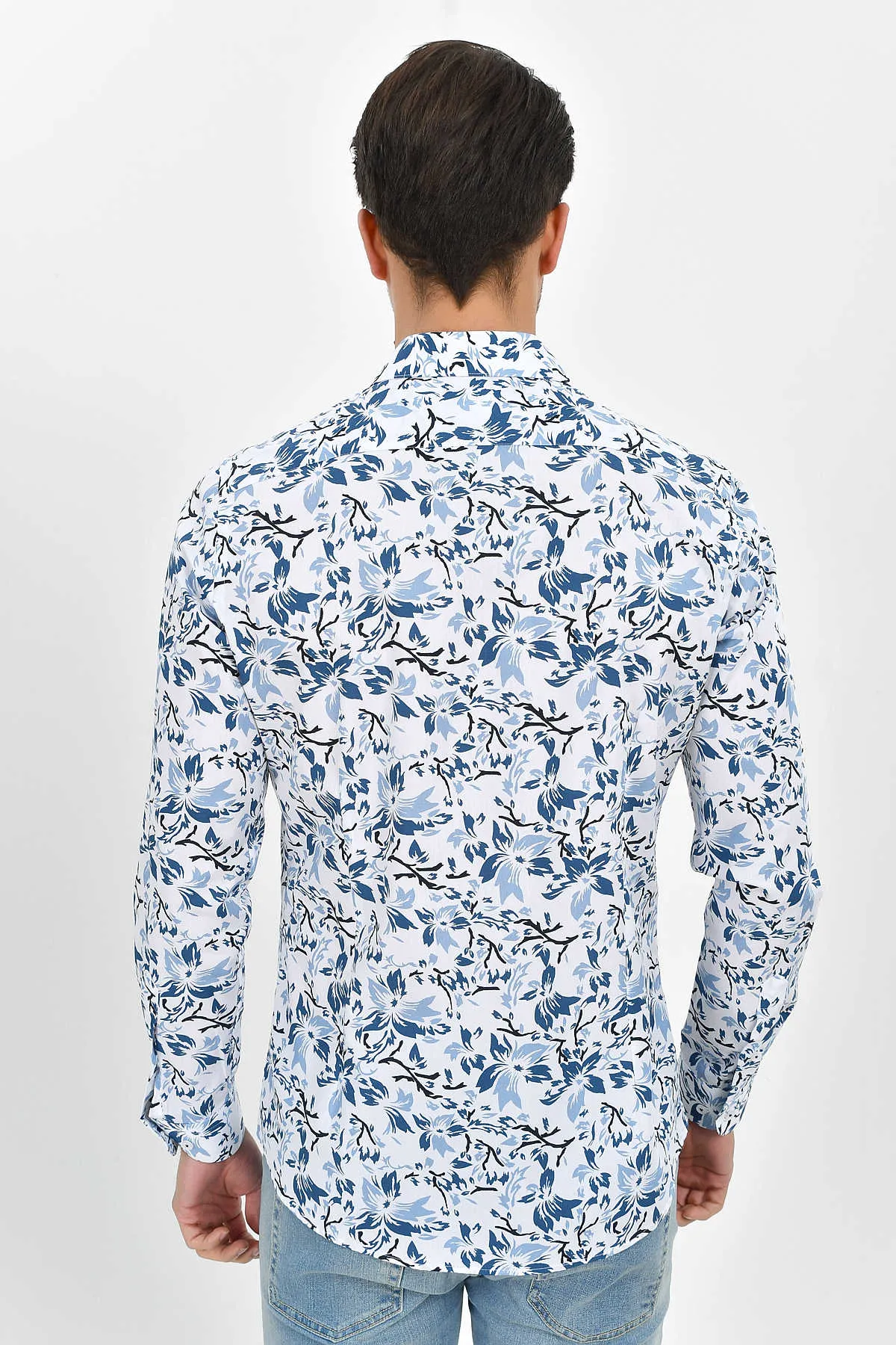 Slim Fit Blue Floral Printed Cotton Casual Shirt