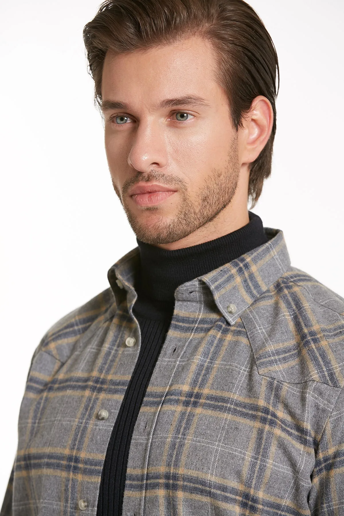 Slim Fit Long Sleeve Checked Cotton Blend Casual Shirt, Gray K.