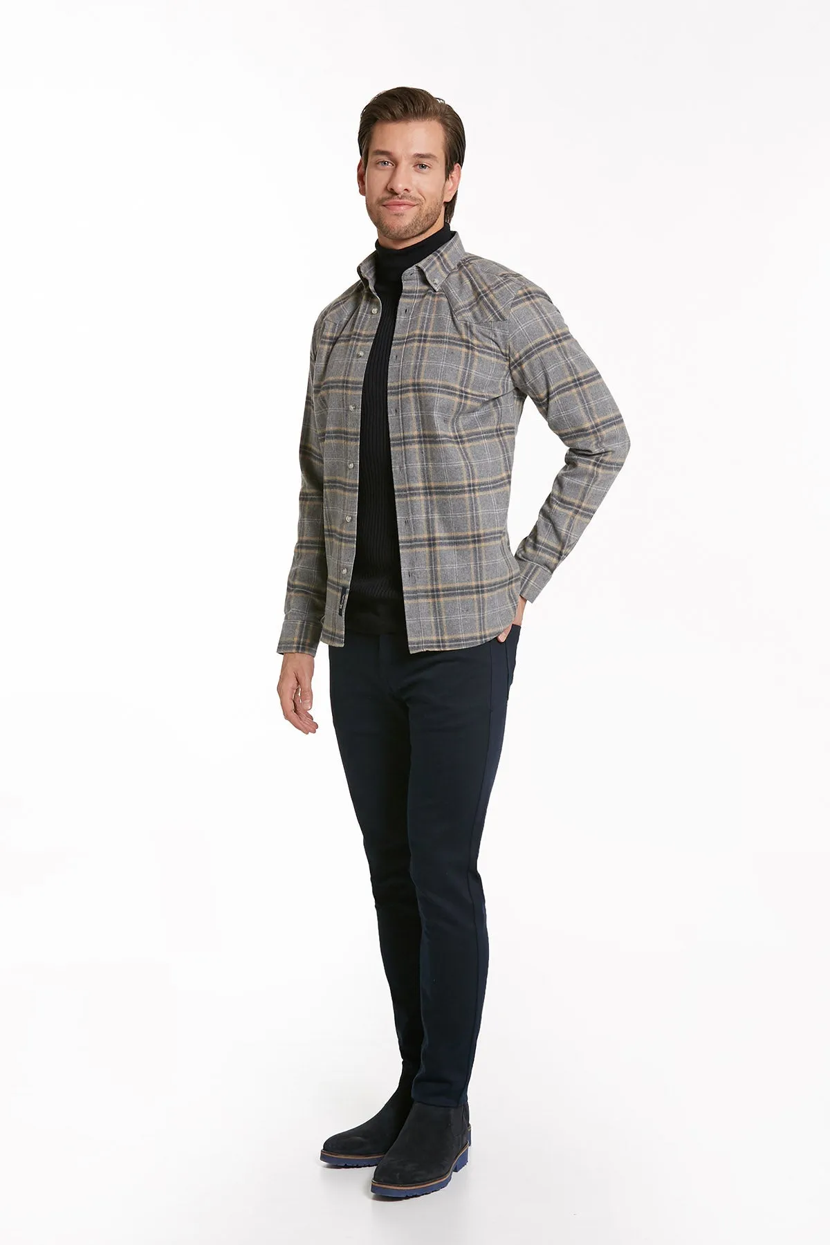 Slim Fit Long Sleeve Checked Cotton Blend Casual Shirt, Gray K.