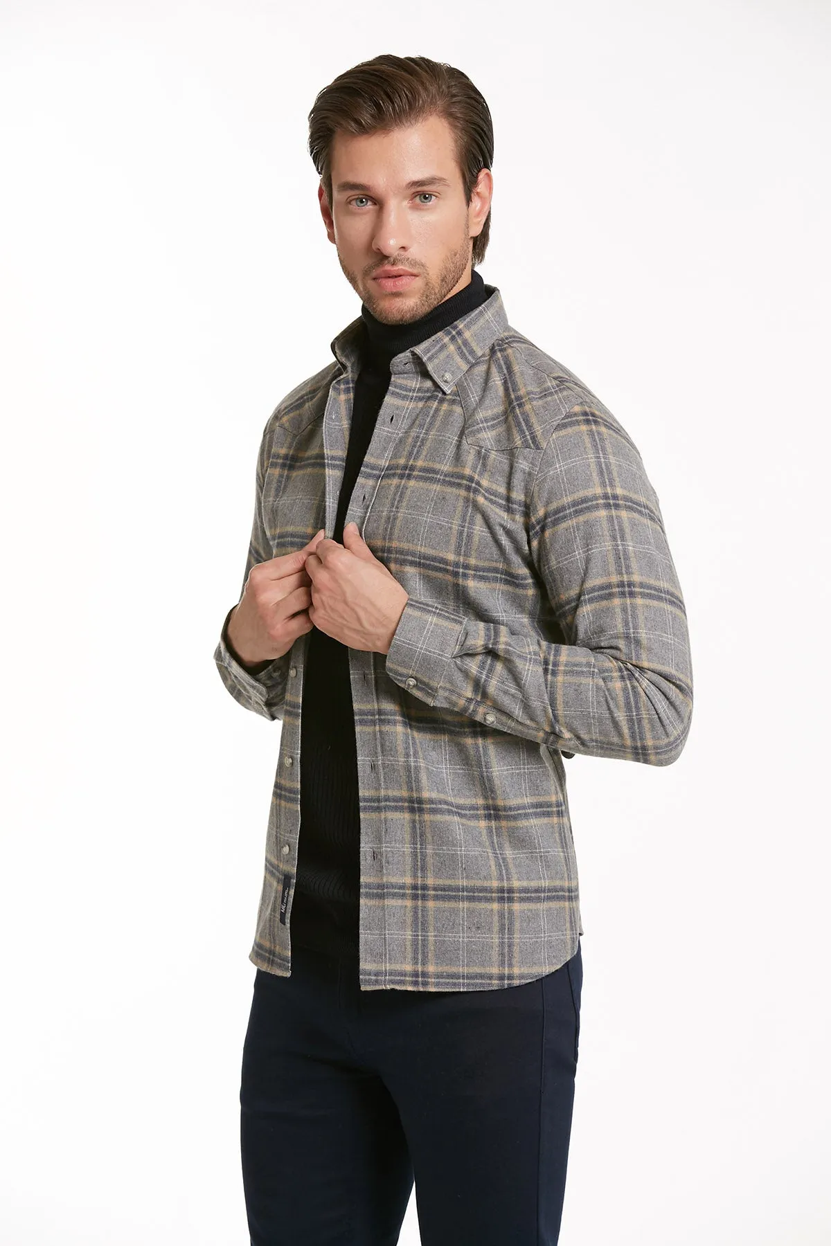 Slim Fit Long Sleeve Checked Cotton Blend Casual Shirt, Gray K.