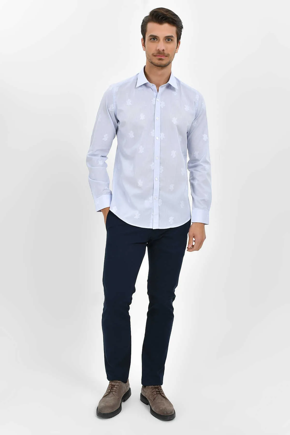 Slim Fit Long Sleeve Cotton Floral Blue Casual Shirt