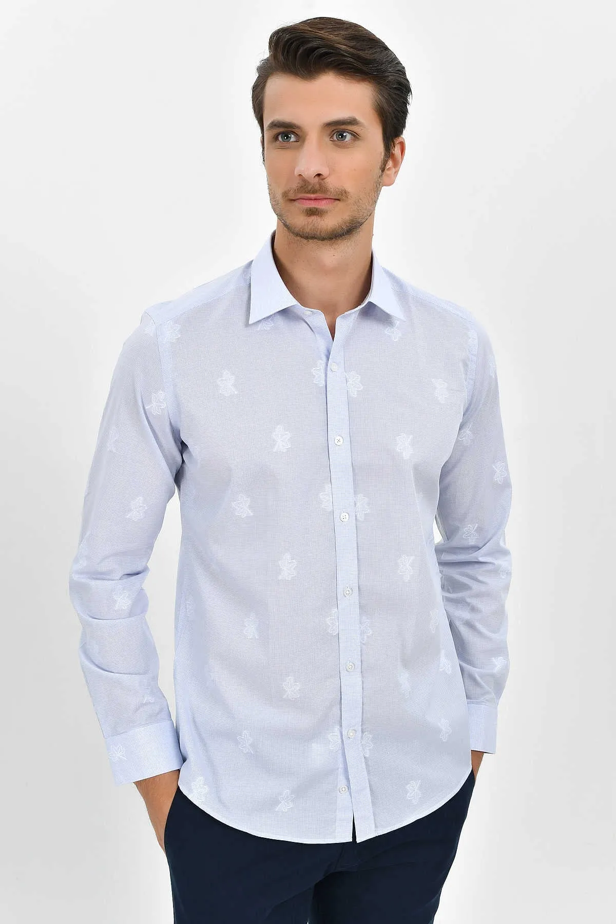 Slim Fit Long Sleeve Cotton Floral Blue Casual Shirt