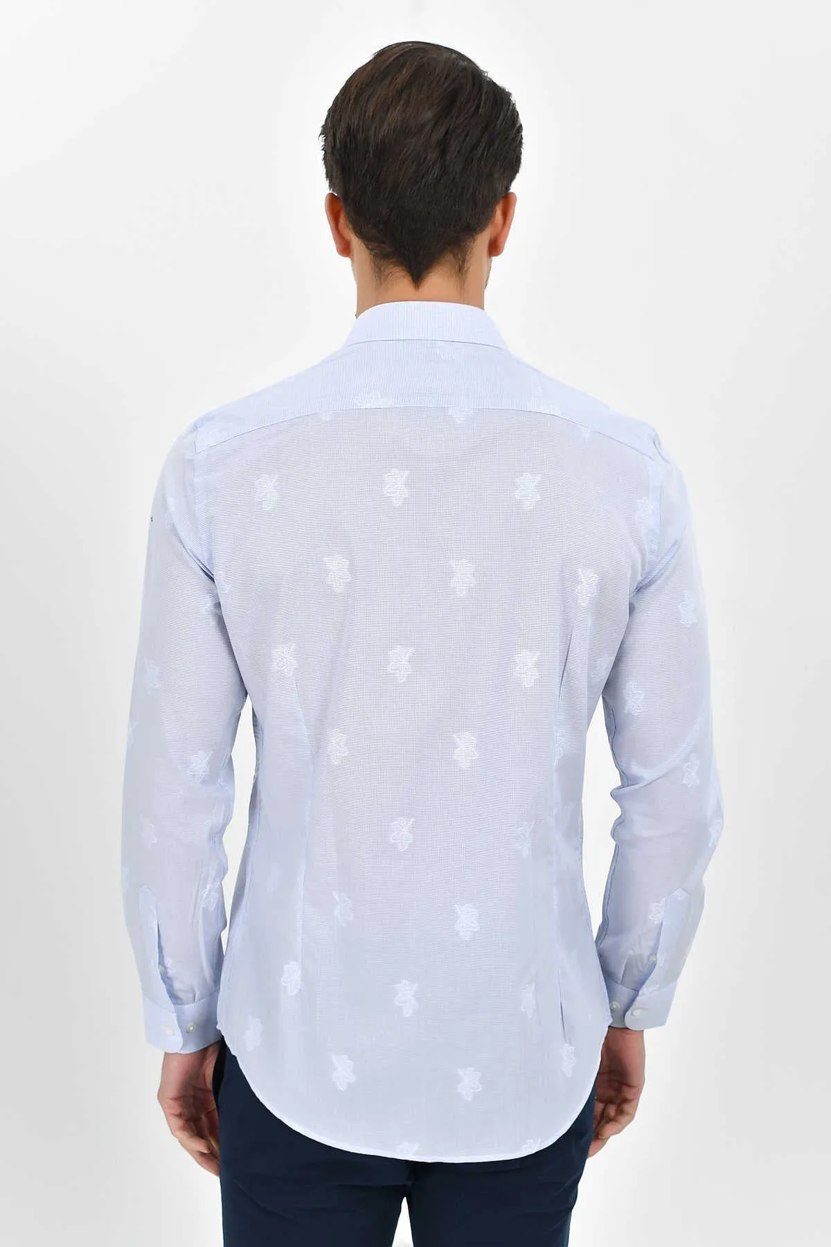 Slim Fit Long Sleeve Cotton Floral Blue Casual Shirt