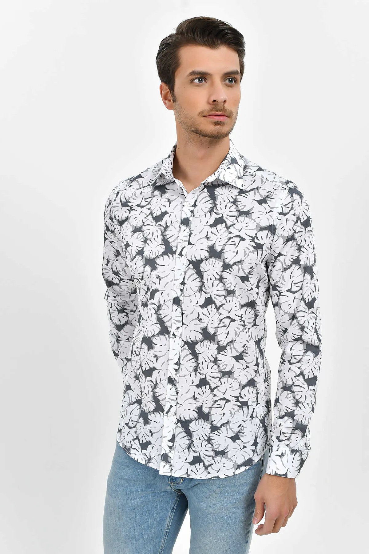 Slim Fit Long Sleeve Leaf Printed Cotton Gray Casual Shirt