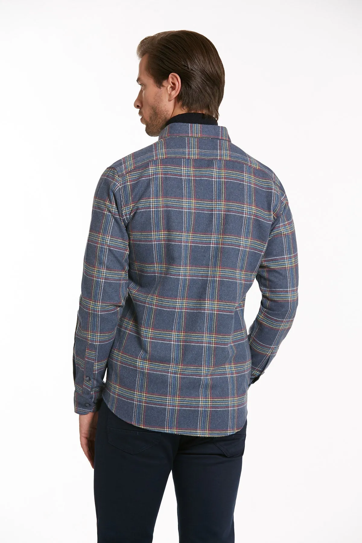 Slim Fit Long Sleeve Plaid Cotton Blend Navy Casual Shirt