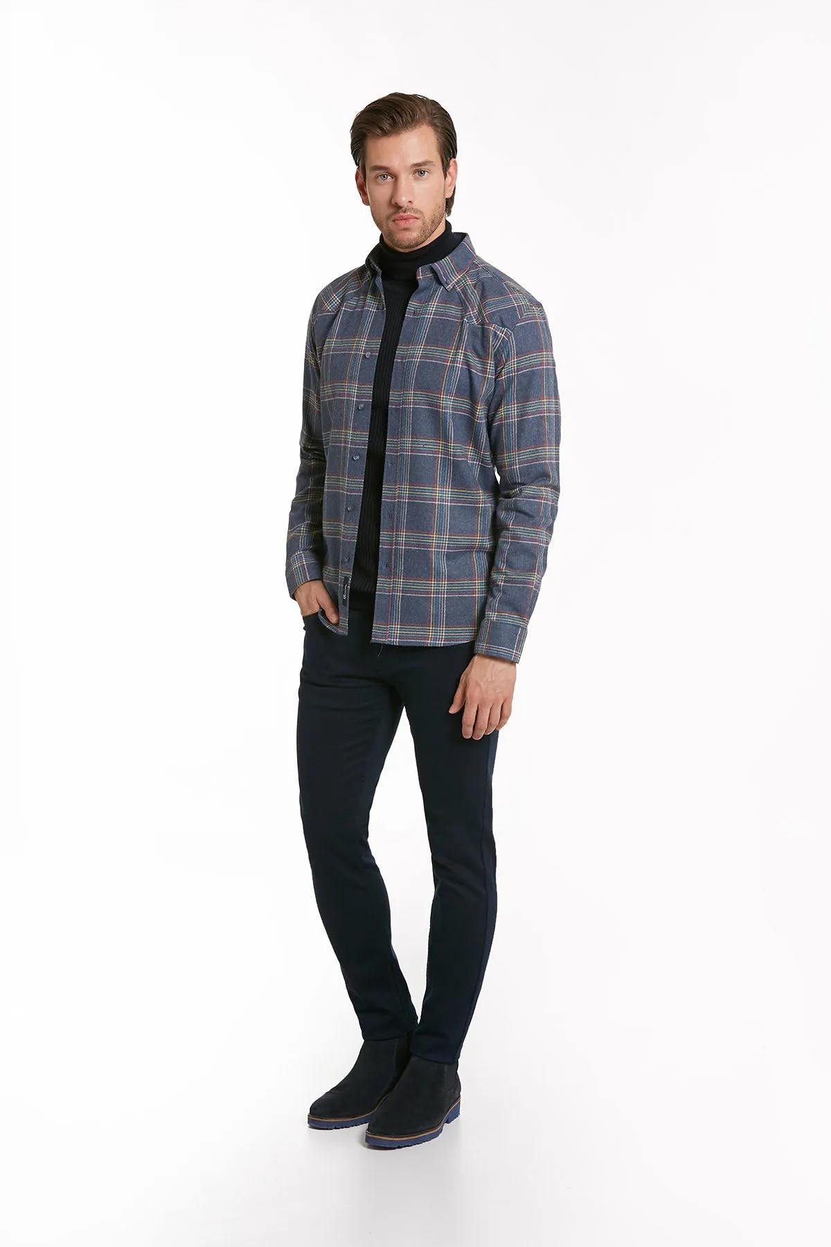 Slim Fit Long Sleeve Plaid Cotton Blend Navy Casual Shirt