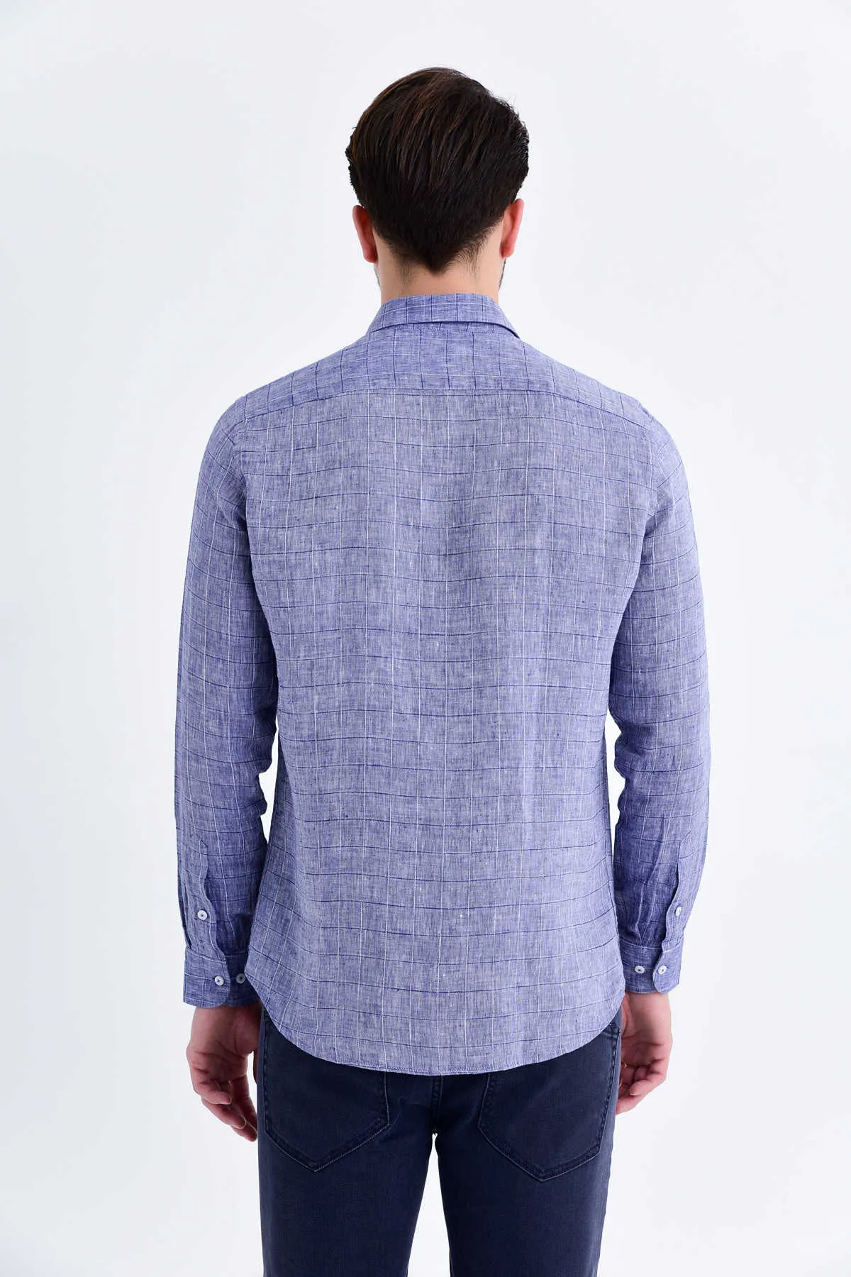 Slim Fit Long Sleeve Plaid Linen Navy Casual Shirt