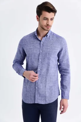 Slim Fit Long Sleeve Plaid Linen Navy Casual Shirt