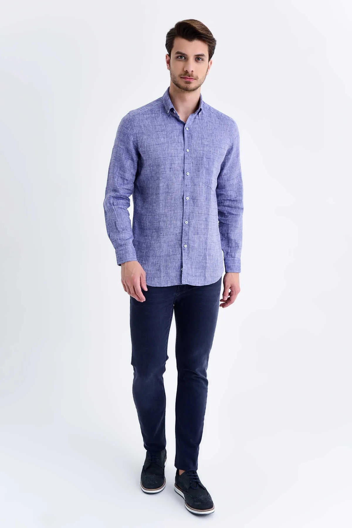 Slim Fit Long Sleeve Plaid Linen Navy Casual Shirt