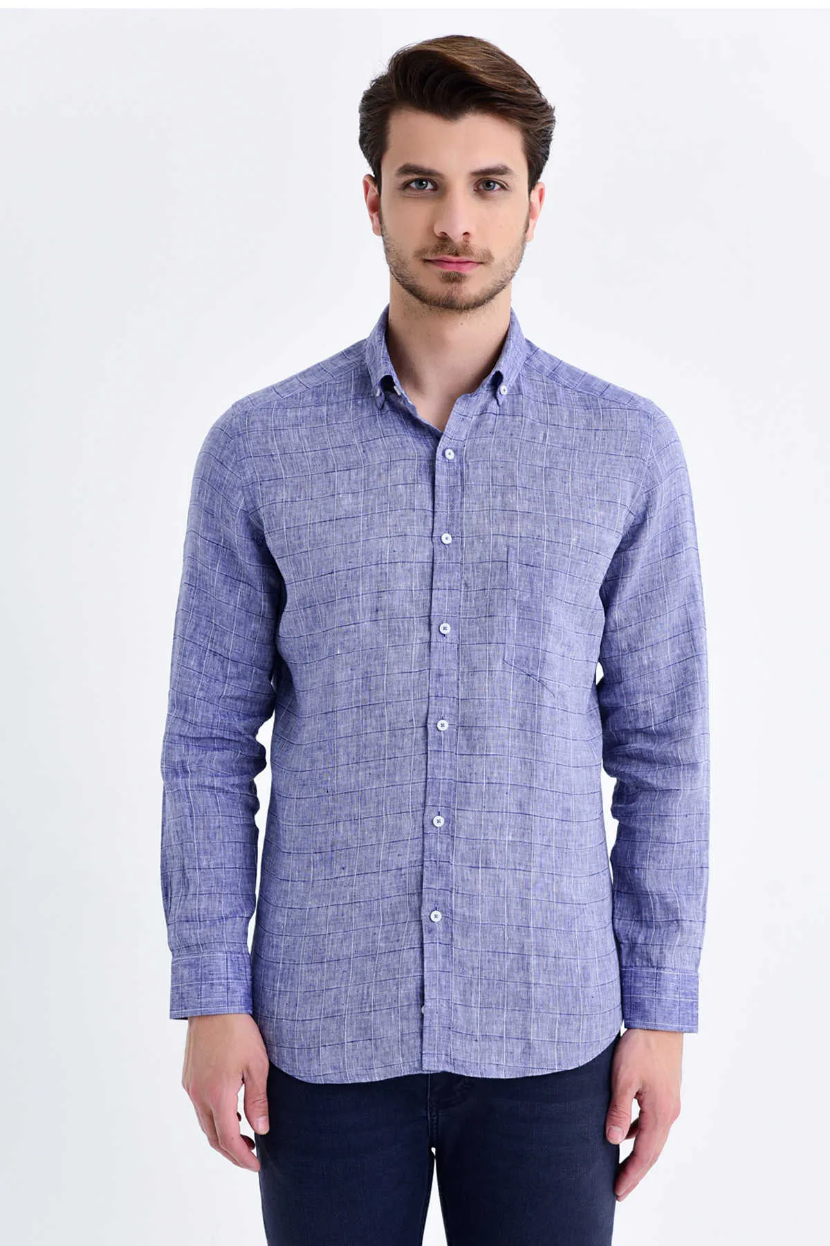 Slim Fit Long Sleeve Plaid Linen Navy Casual Shirt