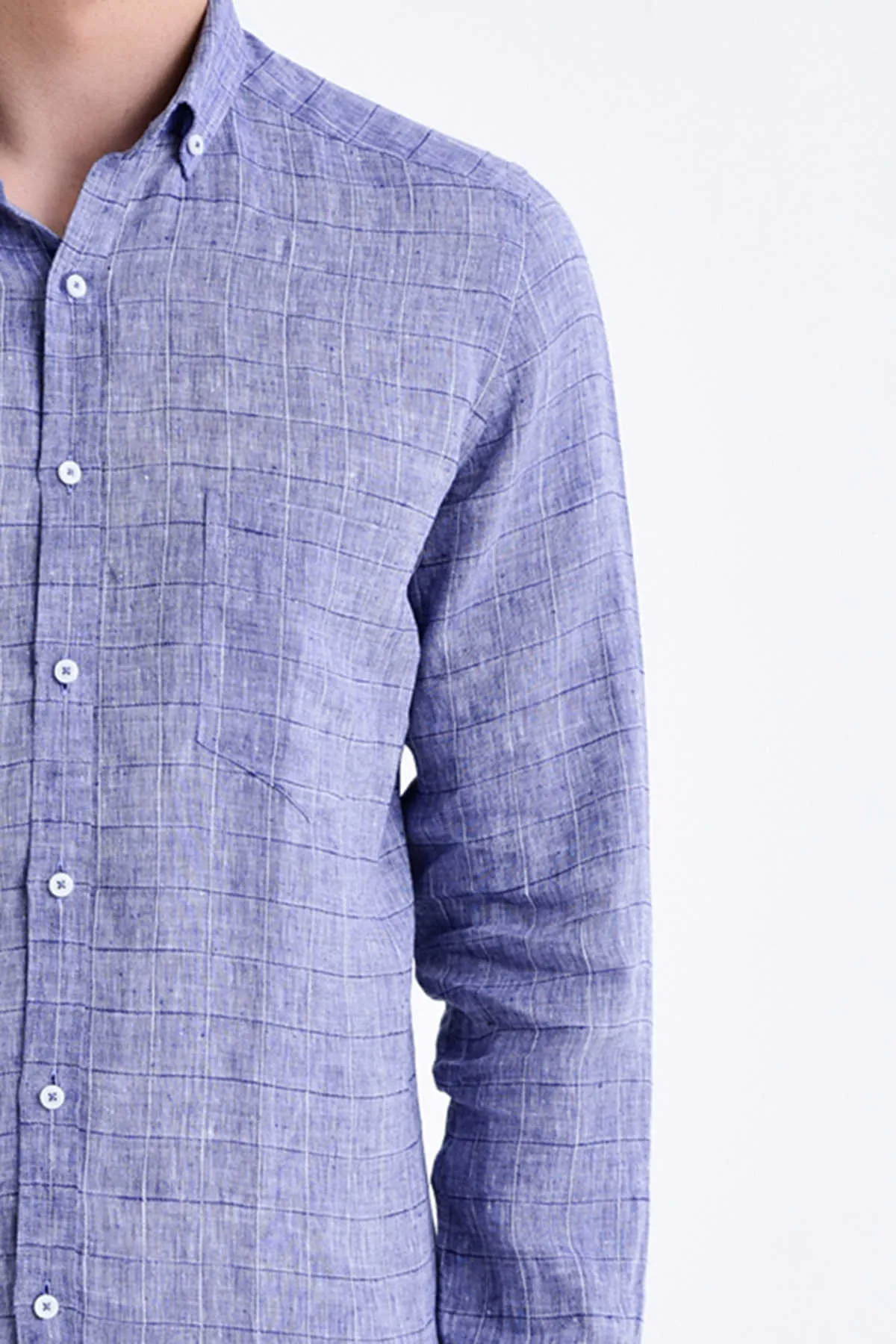 Slim Fit Long Sleeve Plaid Linen Navy Casual Shirt