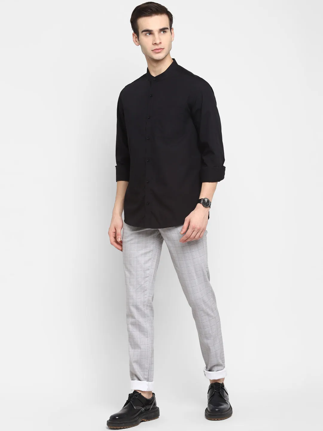 Solid Black Slim Fit Causal Shirt with Band Collar For Men