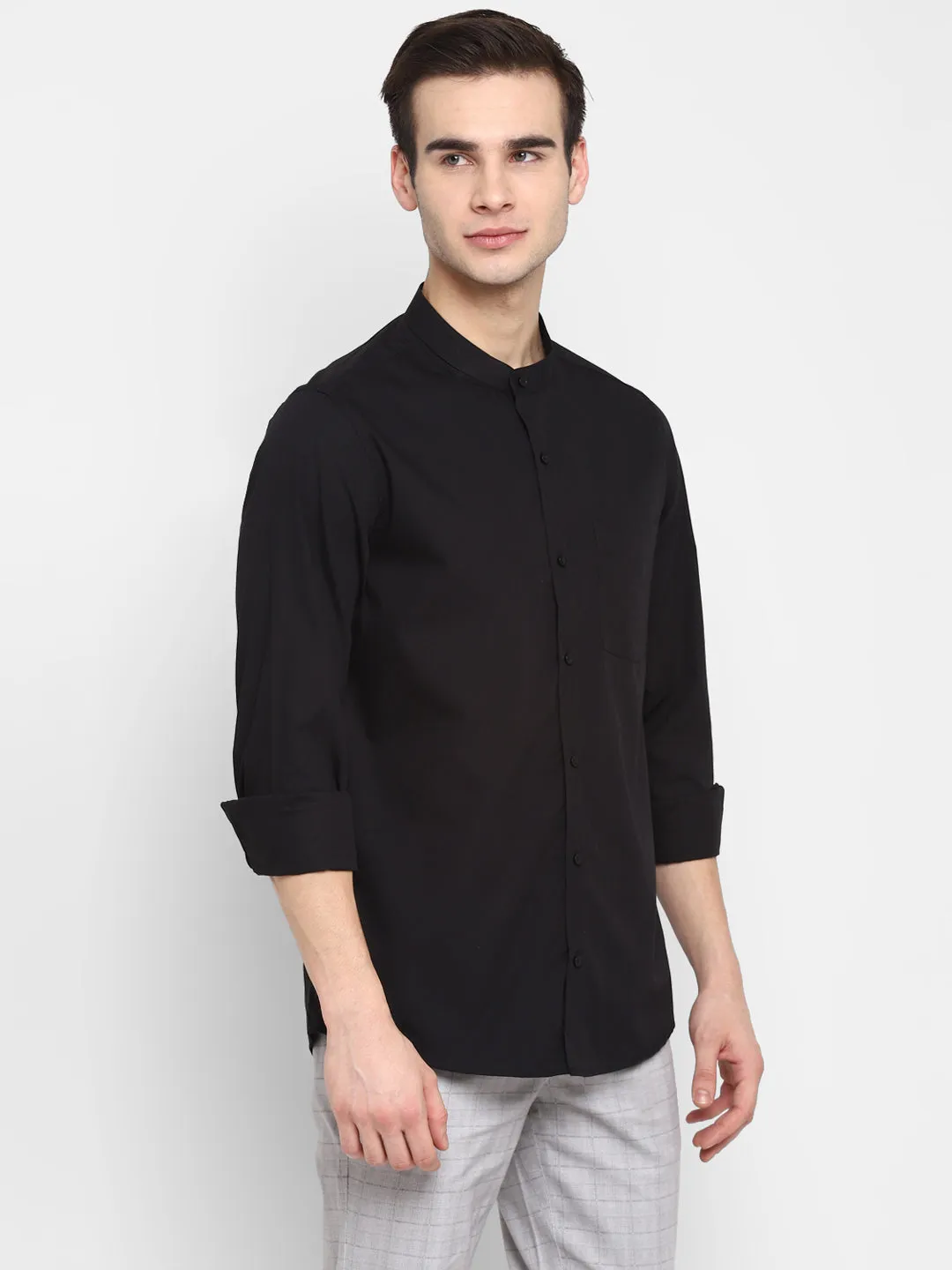 Solid Black Slim Fit Causal Shirt with Band Collar For Men