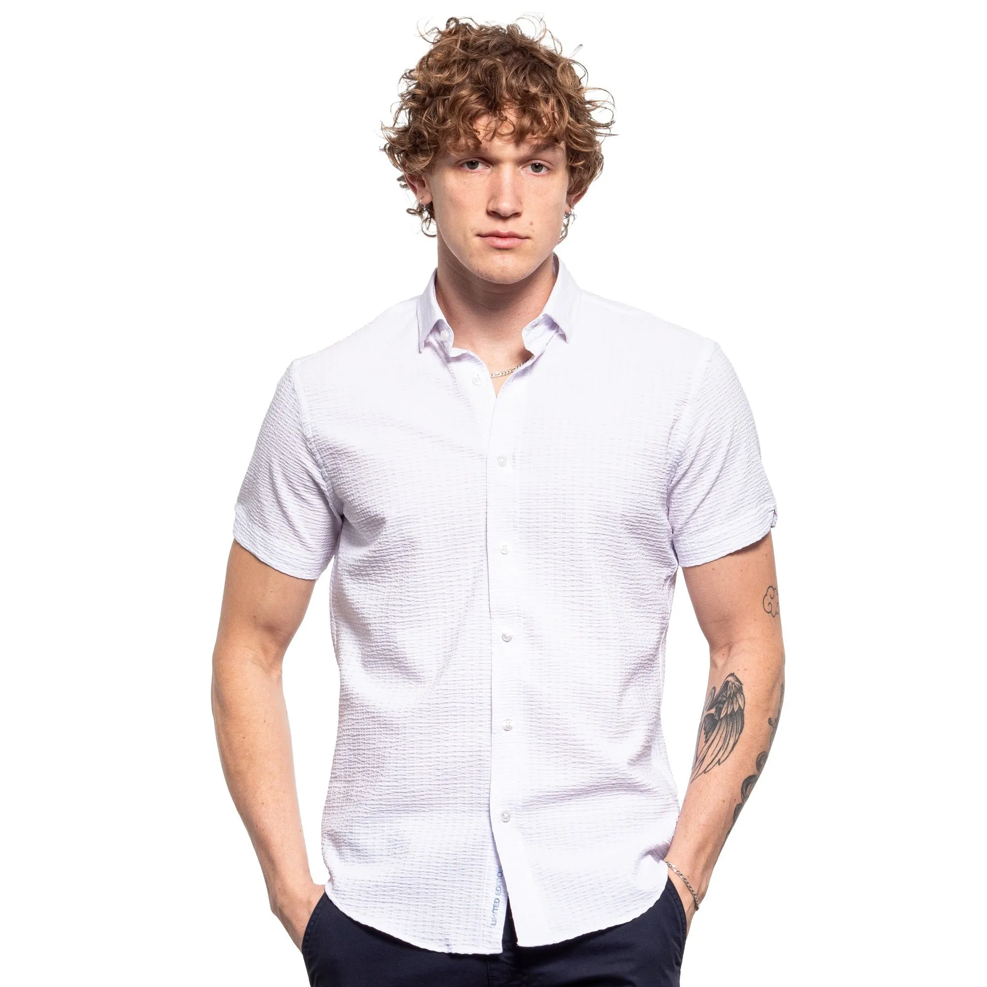 Solid Seersucker Short Sleeve Shirt - White