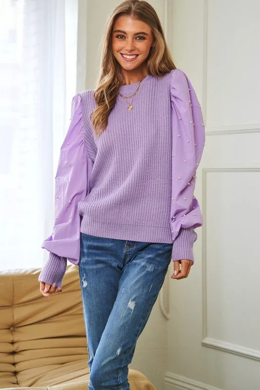 TEEK - Pearl Detail Contrast Sleeves Sweater