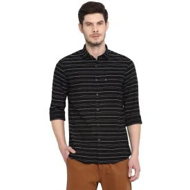 Turtle Men Black Cotton Striped Slim Fit Shirts