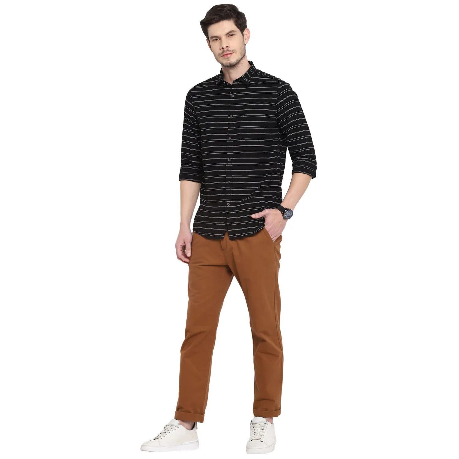 Turtle Men Black Cotton Striped Slim Fit Shirts