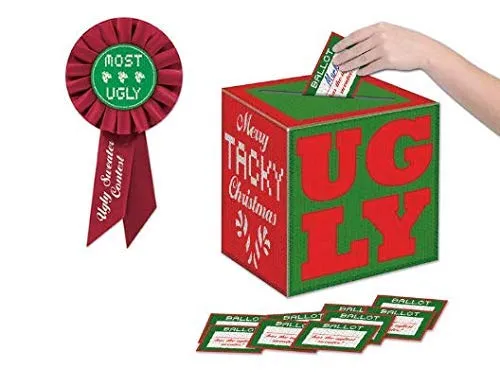 Ugly Christmas Sweater Party Supplies: Contest for Ugliest Sweater - Includes Voting Box & Ribbon Trophy Prize