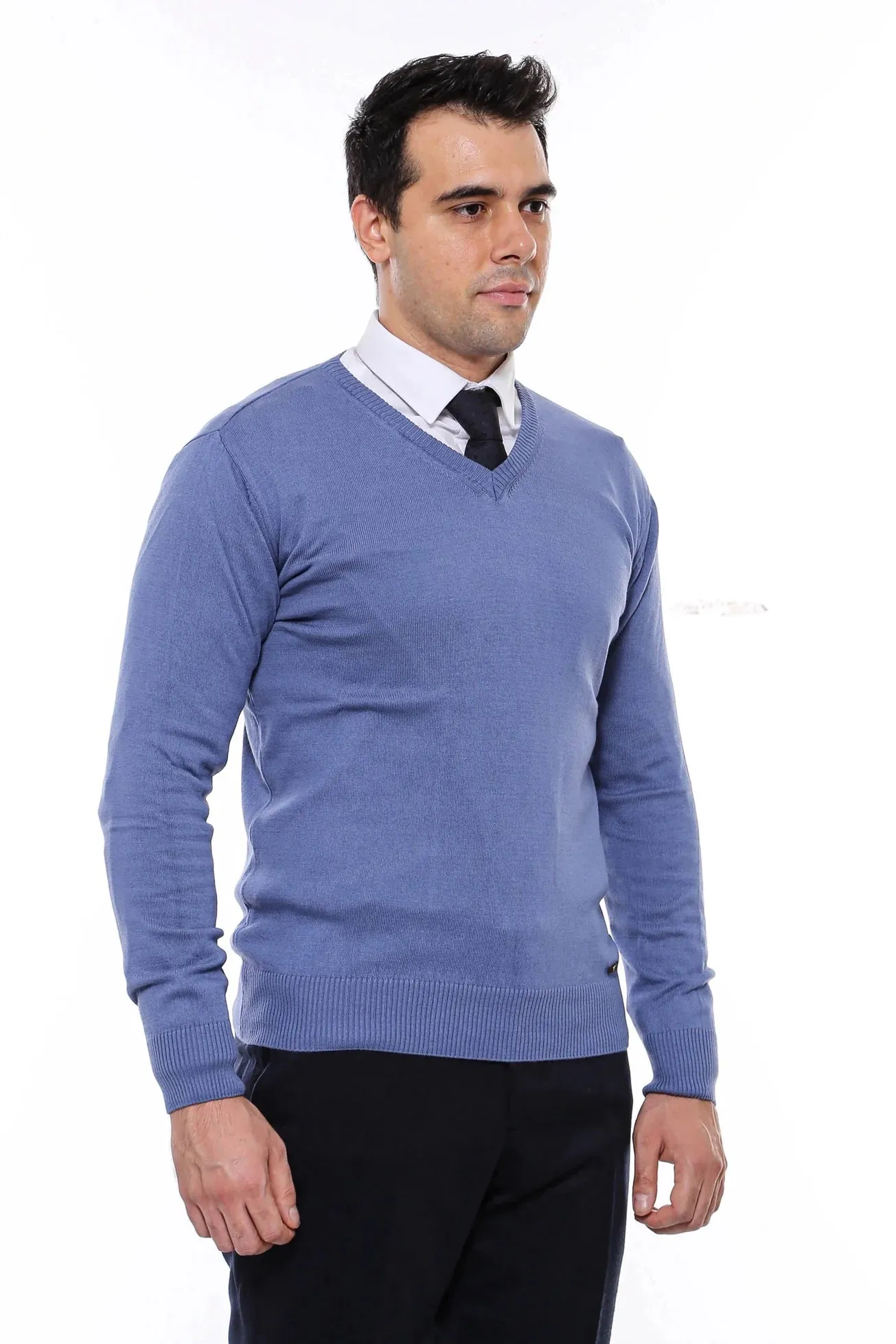 V Neck Knitwear Navy Blue Men Sweater