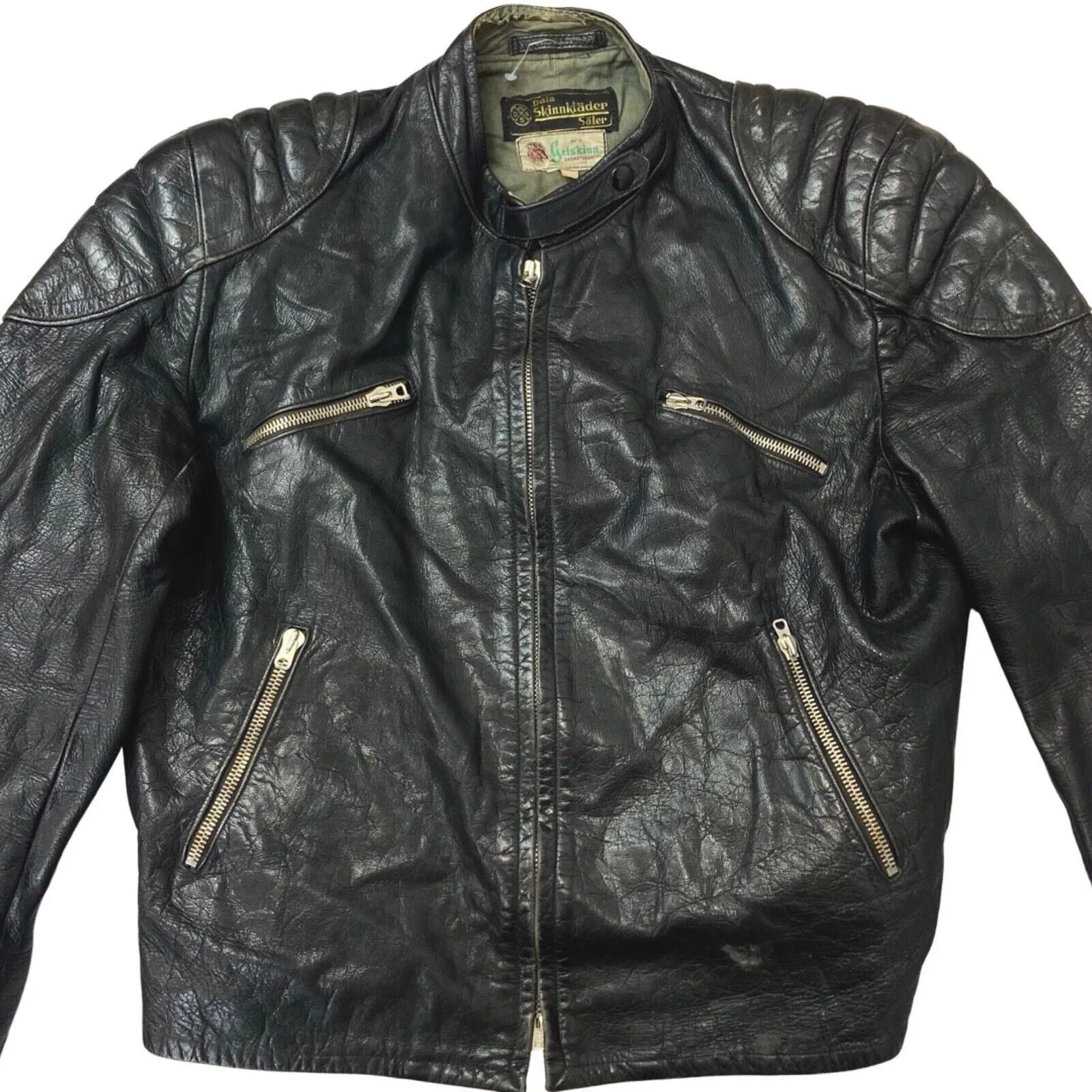 Vintage 1960s Black Biker Low Collar Genuine Leather Biker L