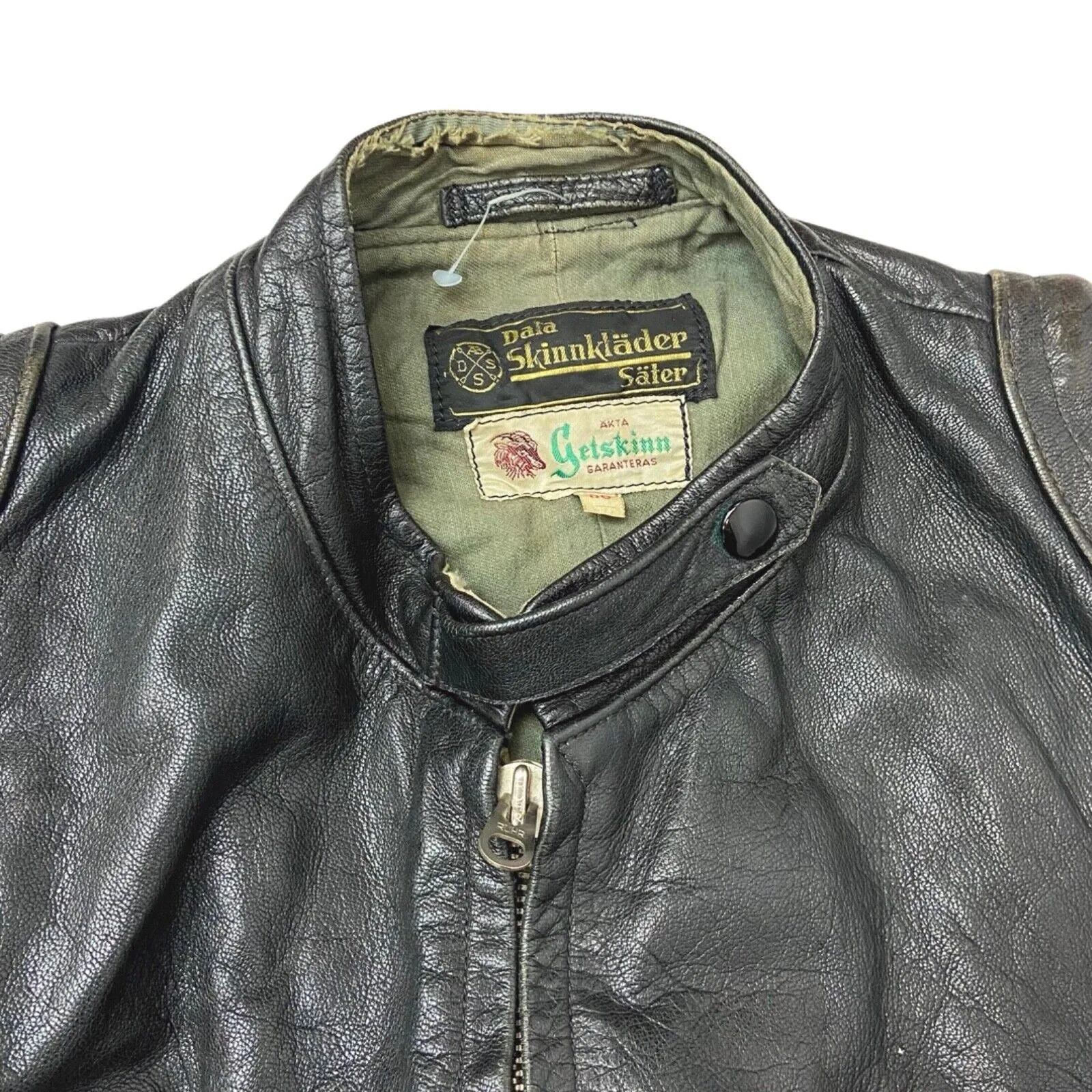 Vintage 1960s Black Biker Low Collar Genuine Leather Biker L