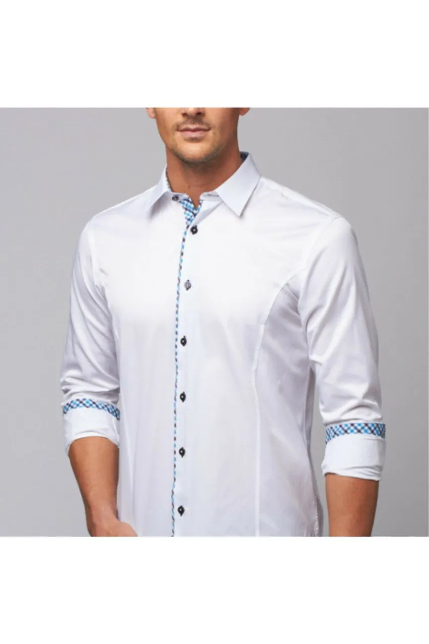 White Button Down Shirt W/Blue Plaid Trim